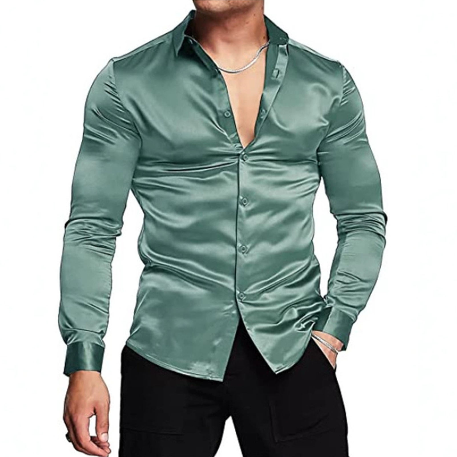 Весенне-осенние шелковые атлас – обзор и цена Mens Satin Silk Dress Shirt